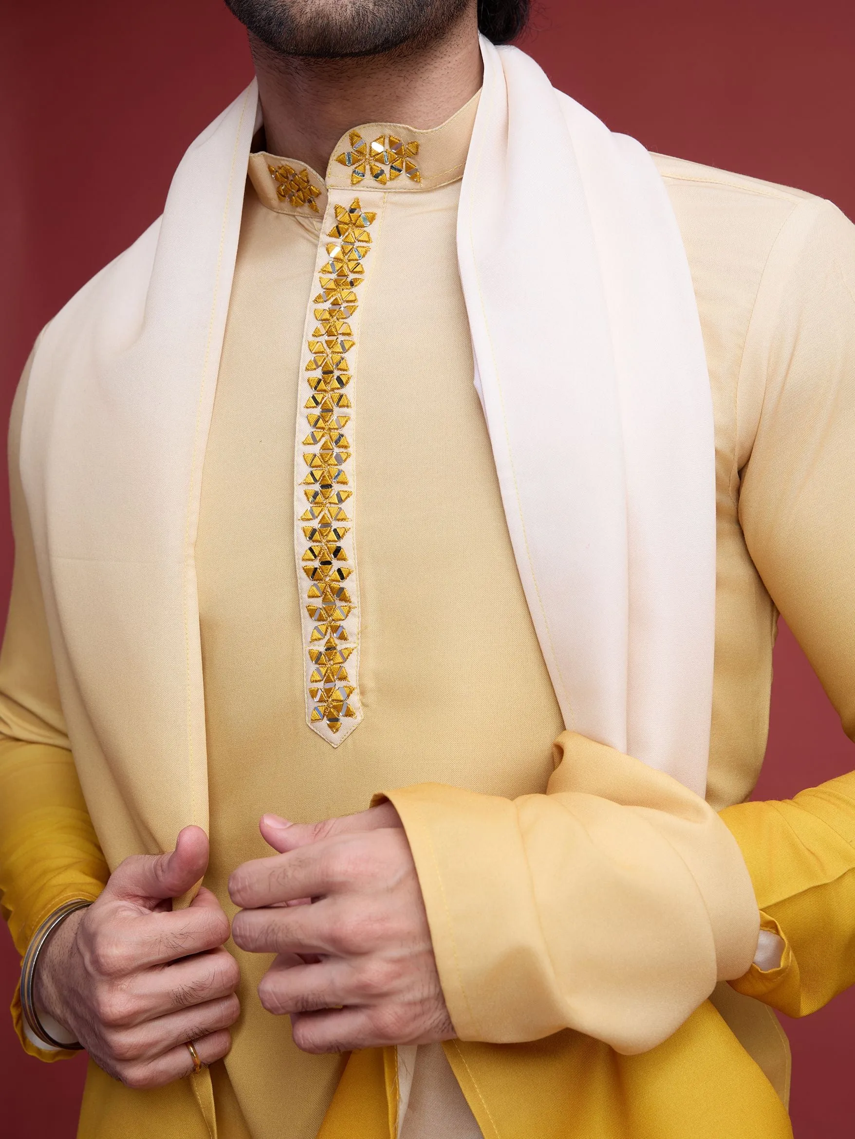 Yellow Colour Reyon Silk With Mirror Work Kurta Payjama With Duppata